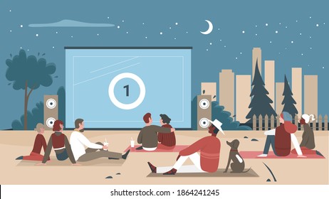 People In Outdoor Cinema Vector Illustration. Cartoon Man Woman Couple Characters Or Family With Child Sitting In Open Air Cinema Theater Together, Watching Movie, Digital Cinematography Background