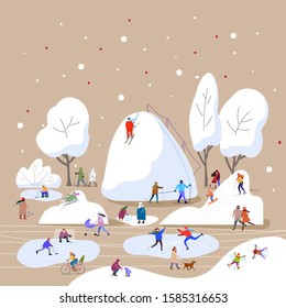 People in the outdoor doing different winter activities. Vector set.Winter time.