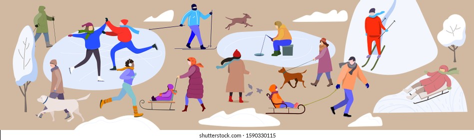People in the outdoor doing different winter activities. Vector set.
