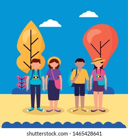 people outdoor exploration together cameras vector illustration