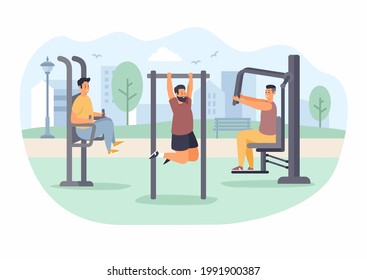 People at outdoor gym. Man with beard pulls up on horizontal bar. Guys work out muscles on simulators. Active cardio exercises in summer park. Health and strength. Vector flat illustration