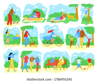 People outdoor in park, men, women and families in summer park activities walking, doing yoga excersises and bicycling, playing with kids and dogs isolated vector illustrations set. Outdoor activity.