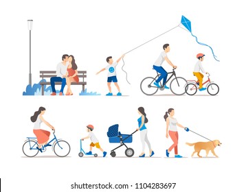 People outdoor in the park on weekend. Vector illustration.