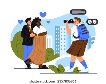 People at outdoor photoshoot concept. Paparazzi with camera take photo. Man photographs young happy couple. Bride and groom, husband and wife. Love and romance. Cartoon flat vector illustration