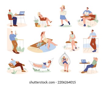 People outdoor relax. Adventure alone, seaside activities for female and male. Person contemplative nature, fun peaceful summer kicky vector scene
