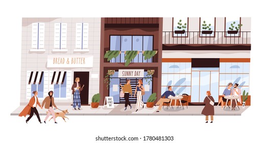 People outdoor at small urban street vector flat illustration. Happy man, woman, couple and friends sitting at cafe, walking, enjoy shopping isolated. Modern buildings, coffeshop, store showcase