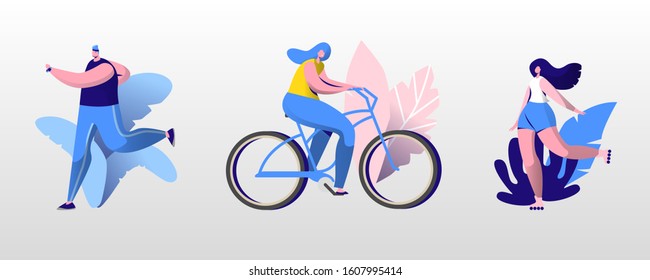 People Outdoor Sport Set. Men and Women Running, Riding Bike and Roller Skates at Summertime. Outdoor Sports Activity, Healthy Lifestyle Jogging and Cycling Exercising. Cartoon Vector Illustration