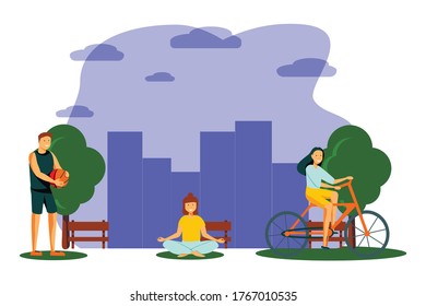  People Outdoor Sport Set. Men and women running, cycling and playing basketball. Exercising in the open air, meditation and yoga, cycling. Cartoon vector illustration. Vector illustration