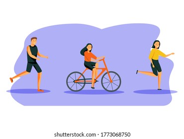 People Outdoor Sport Set. Men and Women Running, Riding Bike and Roller Skates at Summertime. Outdoor Sports Activity, Healthy Lifestyle Jogging and Cycling Exercising. Cartoon Vector Illustration