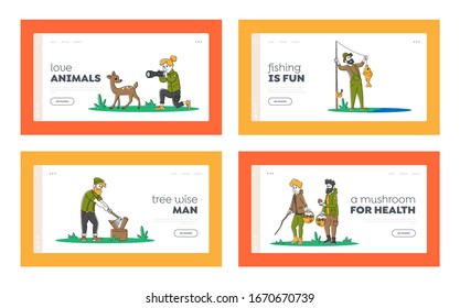 People Outdoors Active Rest Landing Page Template Set. Male Female Characters Leisure Time. Men and Women Relaxing, Fishing, Taking Pictures, Pick Up Mushrooms Camping. Linear Vector Illustration