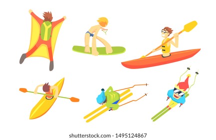 People Outdoors Activities Set, Skydiving, Surfing, Canoeing, Skiing Vector Illustration