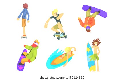 People Outdoors Activities Set, Snowboarding, Surfboarding, Skateboarding Vector Illustration