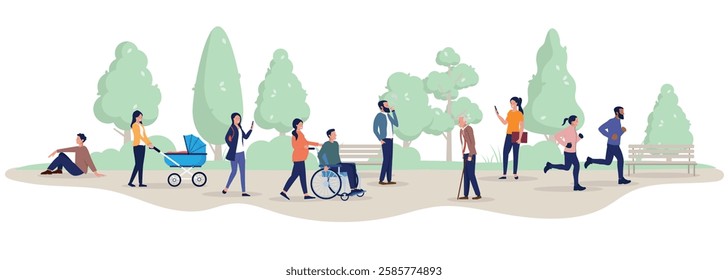 People outdoors in city park or nature - Group of vector characters doing various leisure activities outside in fresh air, enjoying time off or weekend. Flat design illustration on white background