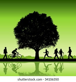 People outdoors with tree vector background