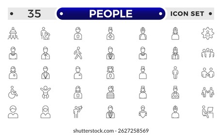 Conjunto de ícones de estrutura de tópicos de pessoas. Contendo grupo, família, humano, equipe, comunidade, amigos, população e ícones seniores.
