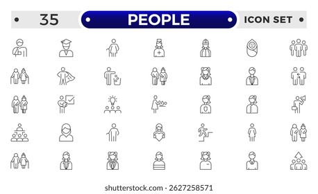Conjunto de ícones de estrutura de tópicos de pessoas. Contendo grupo, família, humano, equipe, comunidade, amigos, população e ícones seniores.
