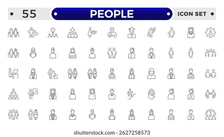 Conjunto de ícones de estrutura de tópicos de pessoas. Contendo grupo, família, humano, equipe, comunidade, amigos, população e ícones seniores.
