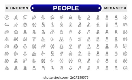 Conjunto de ícones de estrutura de tópicos de pessoas. Contendo grupo, família, humano, equipe, comunidade, amigos, população e ícones seniores.

