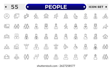 Conjunto de ícones de estrutura de tópicos de pessoas. Contendo grupo, família, humano, equipe, comunidade, amigos, população e ícones seniores.
