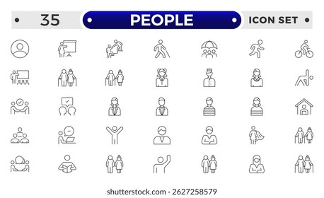 Conjunto de ícones de estrutura de tópicos de pessoas. Contendo grupo, família, humano, equipe, comunidade, amigos, população e ícones seniores.
