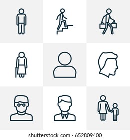 People Outline Icons Set. Collection Of Climbing, Profile, Male And Other Elements. Also Includes Symbols Such As Company, Boy, Stairs.