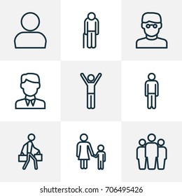 People Outline Icons Set. Collection Of Man, Team, Rejoicing And Other Elements. Also Includes Symbols Such As Walk, Human, Profile.