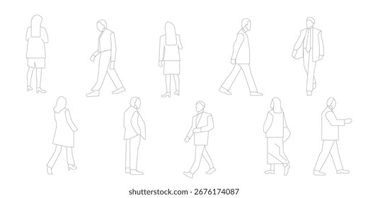 people outlines standing walking talking in front back and side view.	