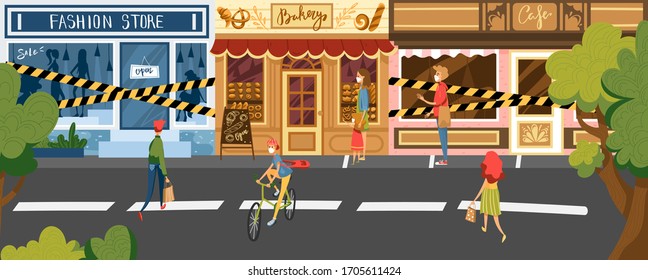 People outside closed cafe and store vector illustration. Yellow protective tape on shops, business crisis. Buyer character in protective mask stand in line near bakery during quarantine.
