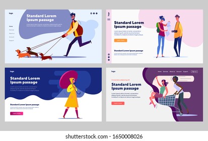 People outside set. Man with dog, woman in rain, tourists walking, shopping. Flat vector illustrations. Outdoor activities, city lifestyle concept for banner, website design or landing web page