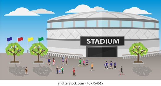 People Outside Sport Stadium Cartoon Vector