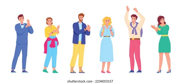 People ovation. Man compliment gesture, happy woman clapping person recognition gesture, audience standing applause human praising and complimenting clap swanky vector illustration of gesture ovation