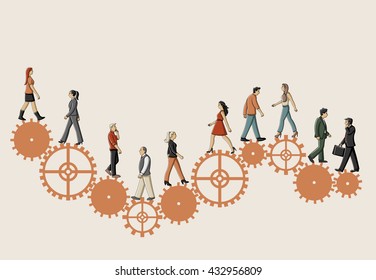 People over machine gear wheel. Cogwheel.
