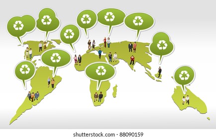 People over world map with recycling symbol on green speech balloon.
