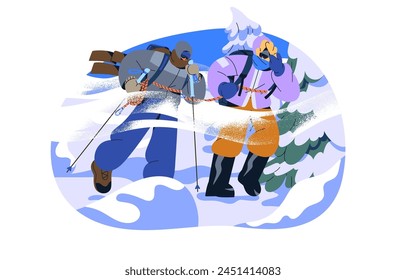 Personas superan la tormenta de nieve en viajes por la montaña de nieve. Turista atado junto con la Asistencia de cuerda entre sí. El grupo está en ventisca en invierno senderismo, trekking. Ilustración vectorial plana aislada sobre blanco