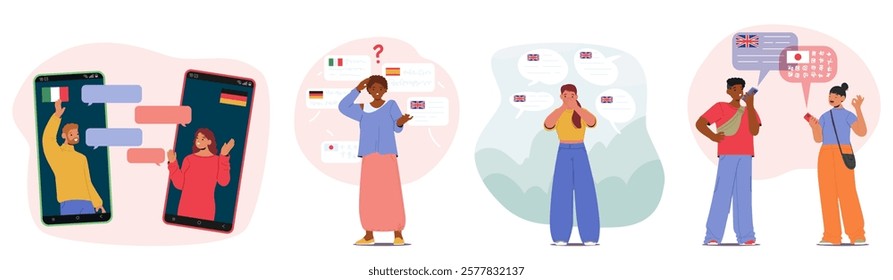 People overcoming language barrier using translator application or searching online services to understand interlocutor set. Speaking and misunderstanding problems in communication vector illustration