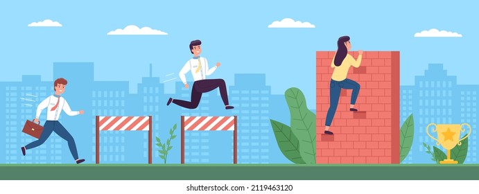 People overcoming obstacles. Businessmen jump over hurdles, woman climbs wall, employees difficult progress towards goal, obstacle course with golden goblet prize, vector concept