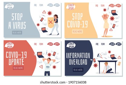 People overloading by information about covid-19 virus and global pandemic coronavirus. Men and women in stress, fear and tired from breaking news and data from internet. Vector.