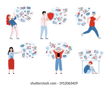 People overloading information experience stress and tired due lot of data, work or breaking news from internet and try to push away, run away or hide from it. Vector illustration.