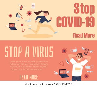 People are overloading with stress information about coronavirus and global pandemic covid-19 virus. Man and woman tired from breaking news and data from internet. Vector banners