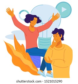 People overthinking and sharing new ideas, man and woman cartoon characters thinking creatively, brainstorming and teamwork discussion concept. Flat cartoon vector illustration.