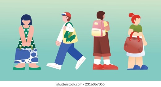 People With Own Bag, Reusable Eco Bag, International Plastic Bag Free Day, Lifestyle, Vector, Illustration