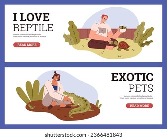 People owning reptile pets, web banners set, flat vector illustration. Cheerful man and woman taking care of crocodile and turtle. Concepts of animals, wildlife and nature.