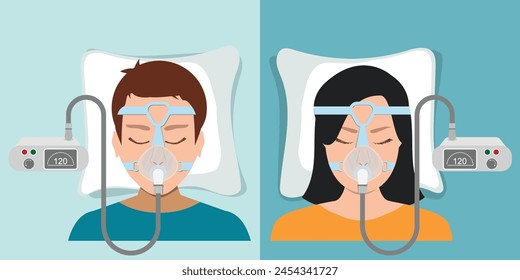 People with the oxygen mask fitted over a head.Continuous positive airway pressure.Obstructive sleep apnea.people lying on bed.Cpap mask.Patient in hospital cpap therapy.mask fitted over a head.