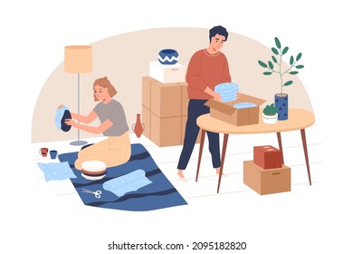 People pack stuff into cardboard boxes for relocation. Couple wrap and prepare fragile tableware in packages for moving to new apartment. Flat graphic vector illustration isolated on white background