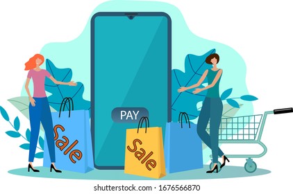 People, packages from the sale cart and a smartphone with an app.Concept of trading , sales through the mobile app.Flat vector illustration.