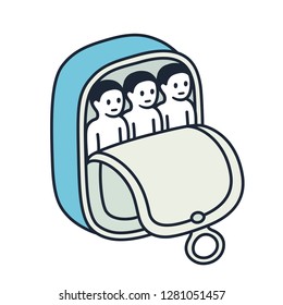 People packed together like sardines in a can. Funny metaphor concept illustration, vector clip art.