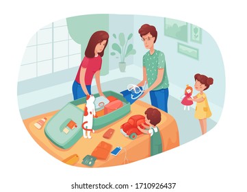 People packing bags flat vector illustration. Smiling mother, father, son and daughter cartoon characters. Happy young couple with children prepares for vacation. Holiday travel, summer family trip
