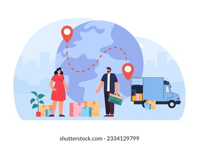 Personas empacando cajas para trasladarse al extranjero ilustración vectorial. Hombre y mujer hablando diferentes idiomas, cargando muebles a camión. Asignar ruta con pines de destino. Relocación, concepto de inmigración