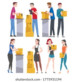 People Packing and Checking Cardboard Boxes Set, Male and Female Workers Preparing Goods For Dispatch Cartoon Vector Illustration