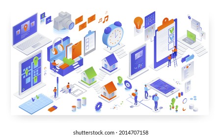 Personas que empaquetan y entregan paquetes al cliente, marcando lista de verificación, ilustración isométrica vectorial. Servicio de entrega.